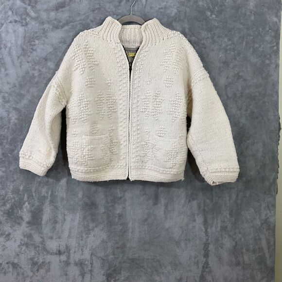 Handcrafts 100% Wool Chunky Knit Zip Up Cardigan Sweater women’s M/ L cream boxy - Picture 1 of 11